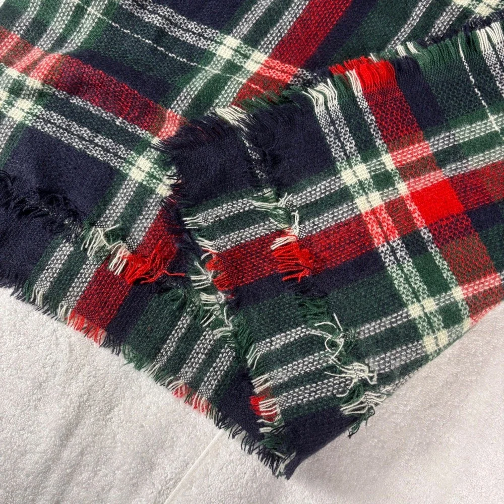 Tartan Plaid Blanket Scarf Unisex OS Navy Green Red Frayed Square Cozy Preppy